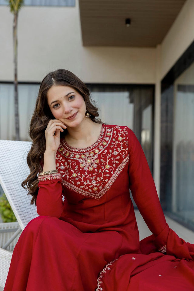 Red Floral Embroidered Silk Anarkali Suits (ACA6777)