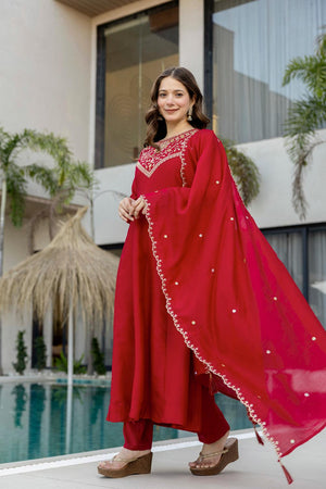 Red Floral Embroidered Silk Anarkali Suits (ACA6777)