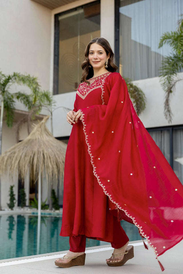 Red Floral Embroidered Silk Anarkali Suits (ACA6777)