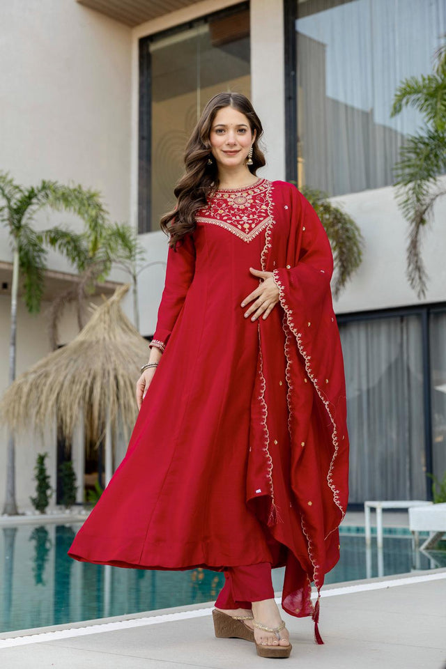Red Floral Embroidered Silk Anarkali Suits (ACA6777)