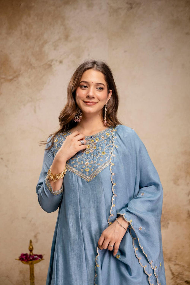 Blue Floral Embroidered Silk Anarkali Suits (ACA6778)