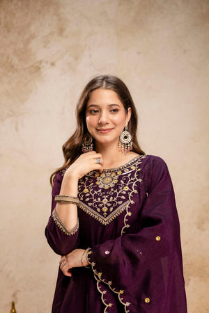Wine Floral Embroidered Silk Anarkali Suits (ACA6779)