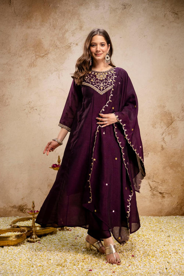 Wine Floral Embroidered Silk Anarkali Suits (ACA6779)