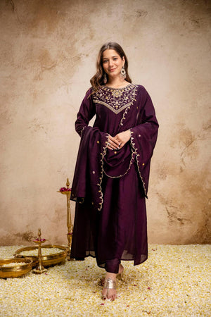 Wine Floral Embroidered Silk Anarkali Suits (ACA6779)