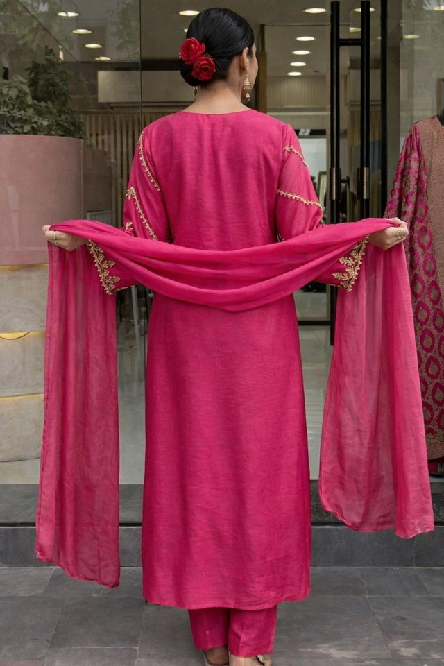 Pink Floral Embroidered Chanderi Kurti Pant Set (ACA6783)
