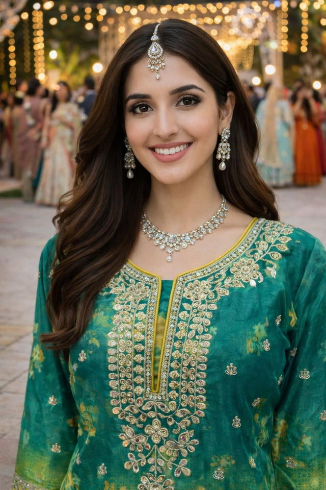 Olive Green Embroidered Chinon Palazzo Suit (ACA6800)