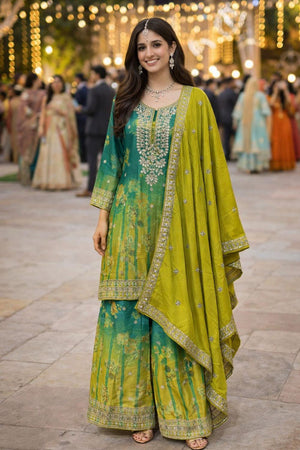 Olive Green Embroidered Chinon Palazzo Suit (ACA6800)