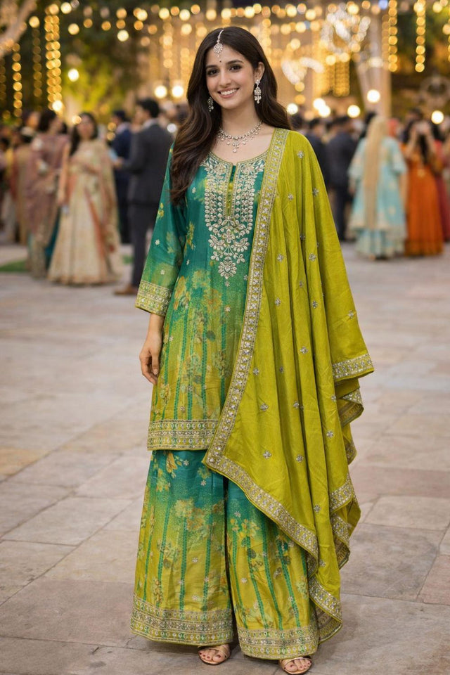 Olive Green Embroidered Chinon Palazzo Suit (ACA6800)