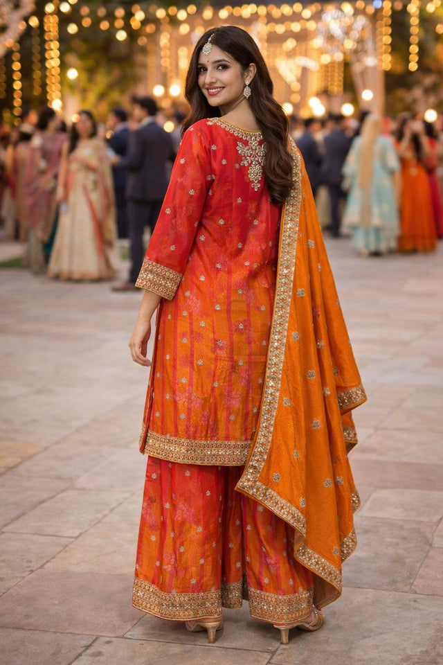 Orange Embroidered Chinon Palazzo Suit (ACA6801)