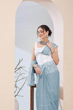 Blue Floral Printed Chiffon Ready to Wear Saree (ACA6816)