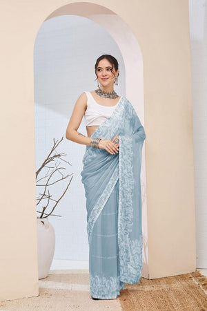 Blue Floral Printed Chiffon Ready to Wear Saree (ACA6816)