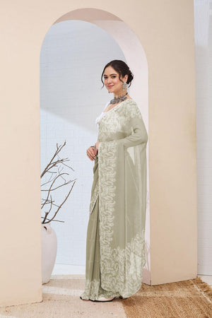 Green Floral Printed Chiffon Ready to Wear Saree (ACA6817)