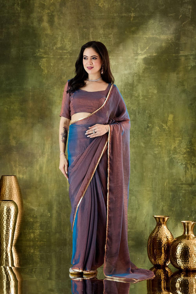 Blue Solid with Border Lace Work Silk Blend Ready to Wear Saree (ACA6818)