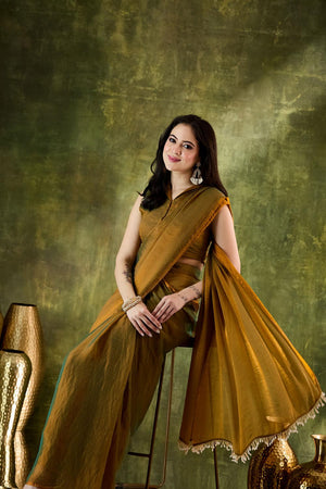 Gold Solid with Border Lace Work Silk Blend Ready to Wear Saree (ACA6819)