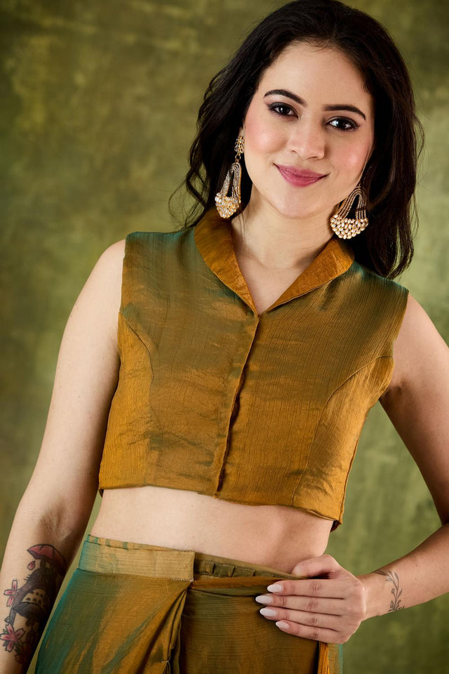 Gold Solid with Border Lace Work Silk Blend Ready to Wear Saree (ACA6819)
