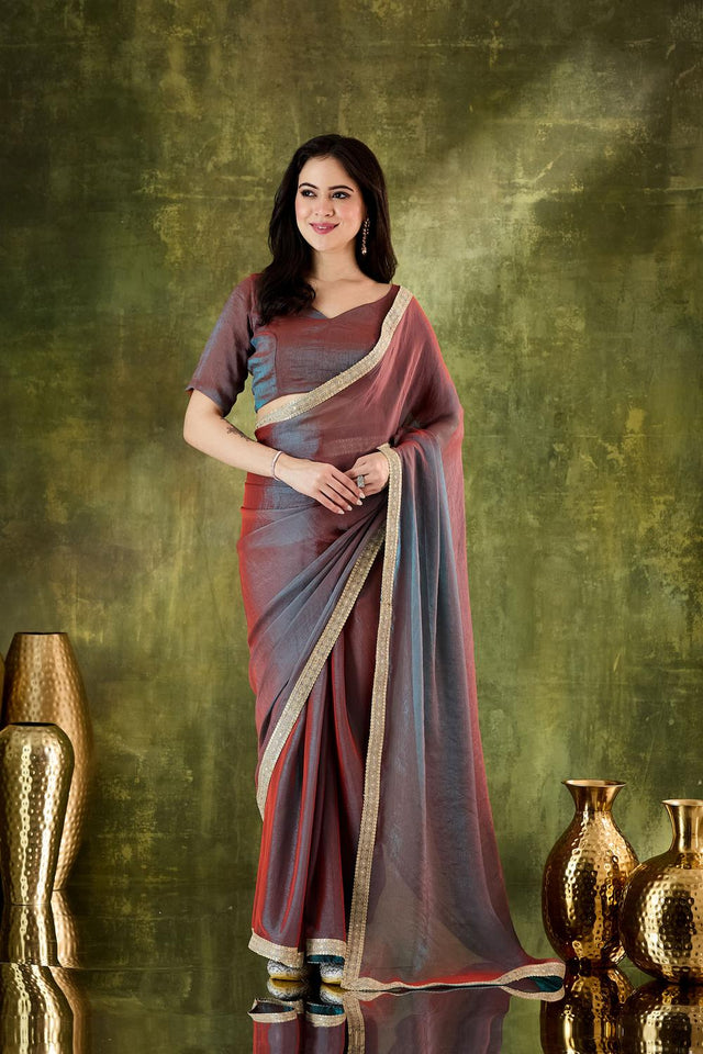Red Solid with Border Lace Work Silk Blend Ready to Wear Saree (ACA6820)
