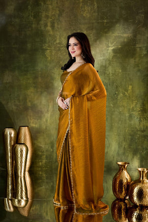 Gold Solid with Border Lace Work Silk Blend Ready to Wear Saree (ACA6821)
