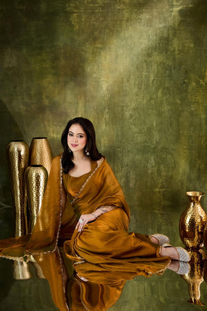 Gold Solid with Border Lace Work Silk Blend Ready to Wear Saree (ACA6821)
