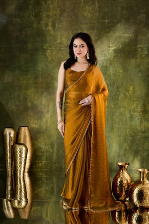 Gold Solid with Border Lace Work Silk Blend Ready to Wear Saree (ACA6821)