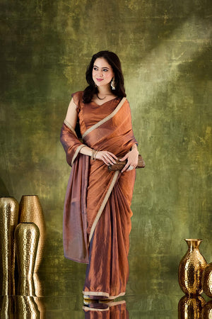 Brown Solid with Border Lace Work Silk Blend Ready to Wear Saree (ACA6822)