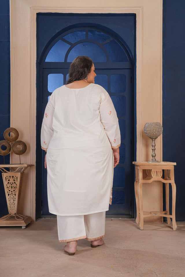 White Floral Embroidered Cotton Kurti Pant Set (ACA6823)