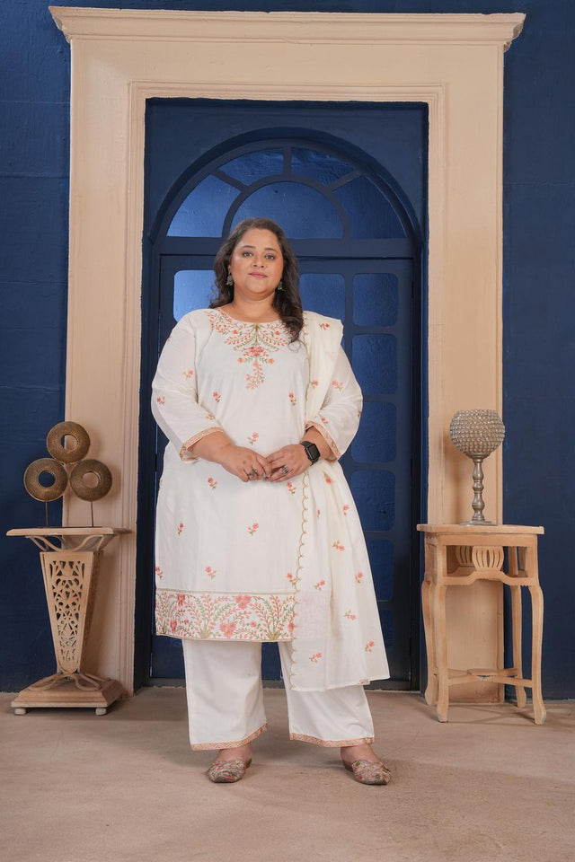 White Floral Embroidered Cotton Kurti Pant Set (ACA6823)