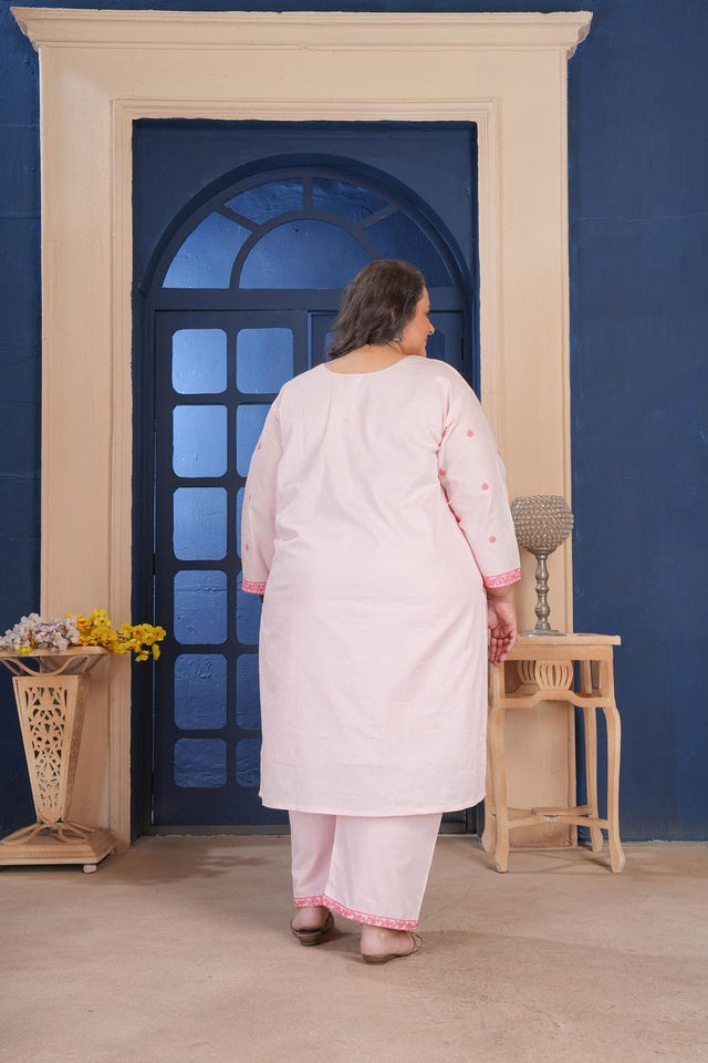 Pink Floral Embroidered Cotton Kurti Pant Set (ACA6824)