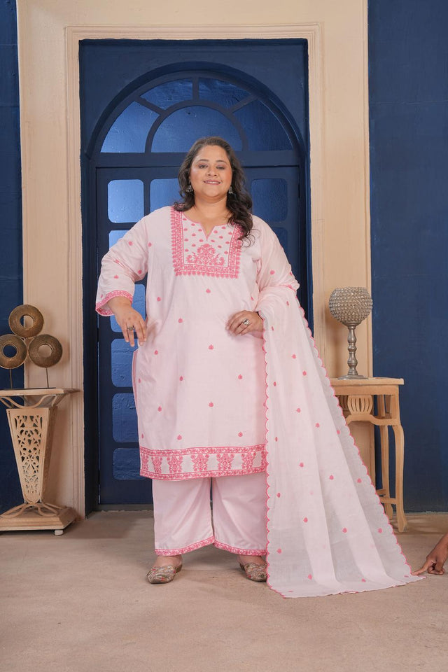 Pink Floral Embroidered Cotton Kurti Pant Set (ACA6824)