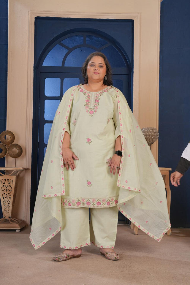 Green Floral Embroidered Cotton Kurti Pant Set (ACA6825)