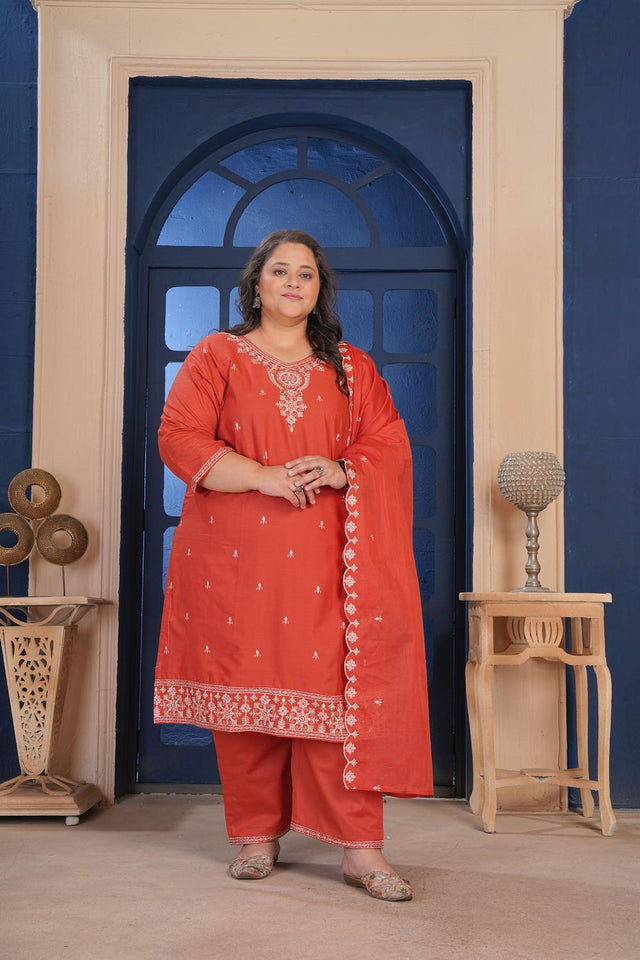 Rust Floral Embroidered Cotton Kurti Pant Set (ACA6828)