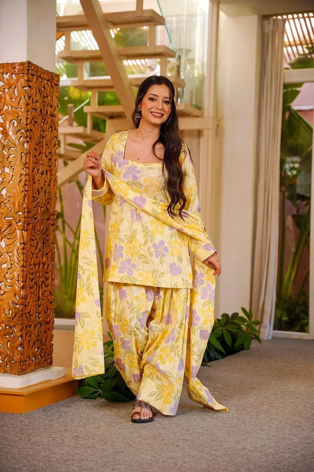 Yellow Floral Printed Cotton Palazzo Suits (ACA6829)