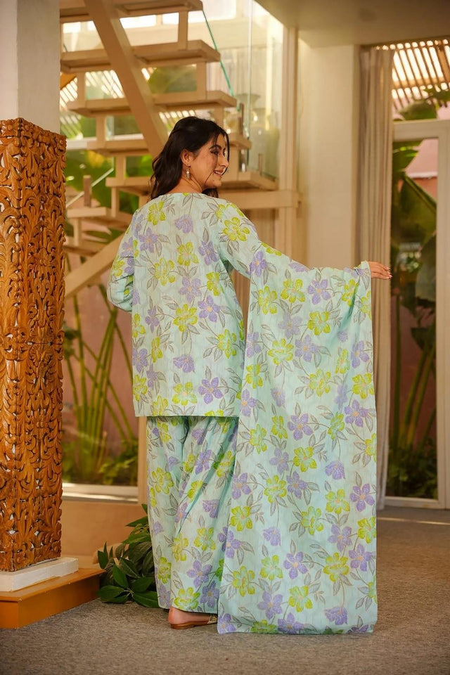 Green Floral Printed Cotton Palazzo Suits (ACA6830)