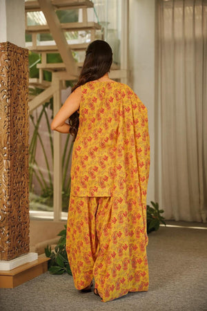 Mustard Floral Printed Cotton Palazzo Suits (ACA6831)