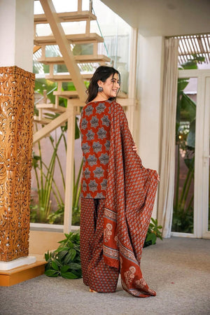 Rust Floral Printed Cotton Palazzo Suits (ACA6833)