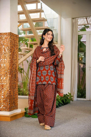 Rust Floral Printed Cotton Palazzo Suits (ACA6833)