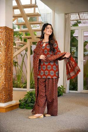 Rust Floral Printed Cotton Palazzo Suits (ACA6833)