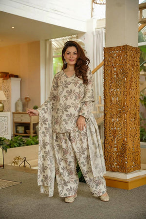Cream Floral Printed Cotton Palazzo Suits (ACA6834)