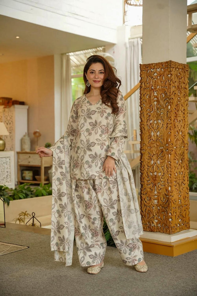 Cream Floral Printed Cotton Palazzo Suits (ACA6834)