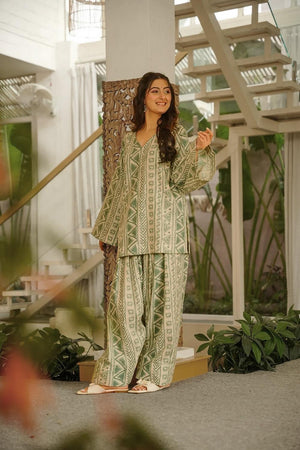 Green Printed Cotton Palazzo Suits (ACA6835)