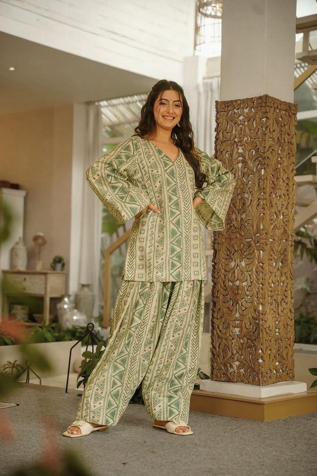 Green Printed Cotton Palazzo Suits (ACA6835)
