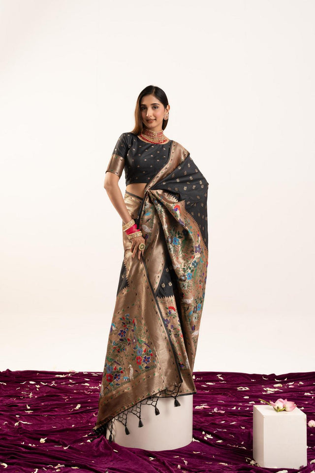 Black Floral Woven Banarasi Silk Saree (ACA6836)