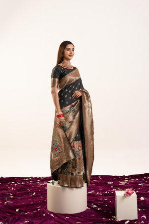 Black Floral Woven Banarasi Silk Saree (ACA6836)