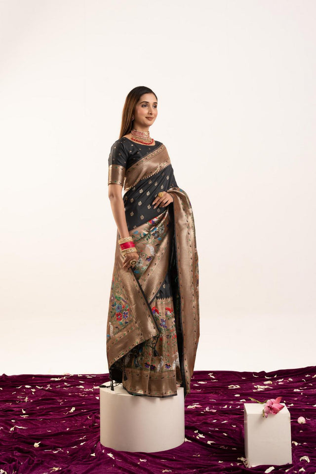 Black Floral Woven Banarasi Silk Saree (ACA6836)