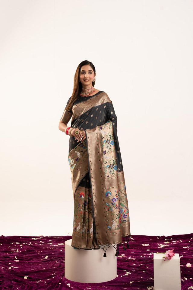 Black Floral Woven Banarasi Silk Saree (ACA6836)