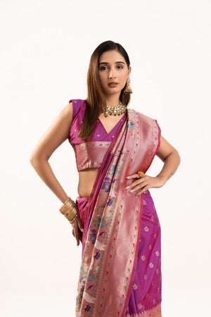 Magenta Floral Woven Banarasi Silk Saree (ACA6837)