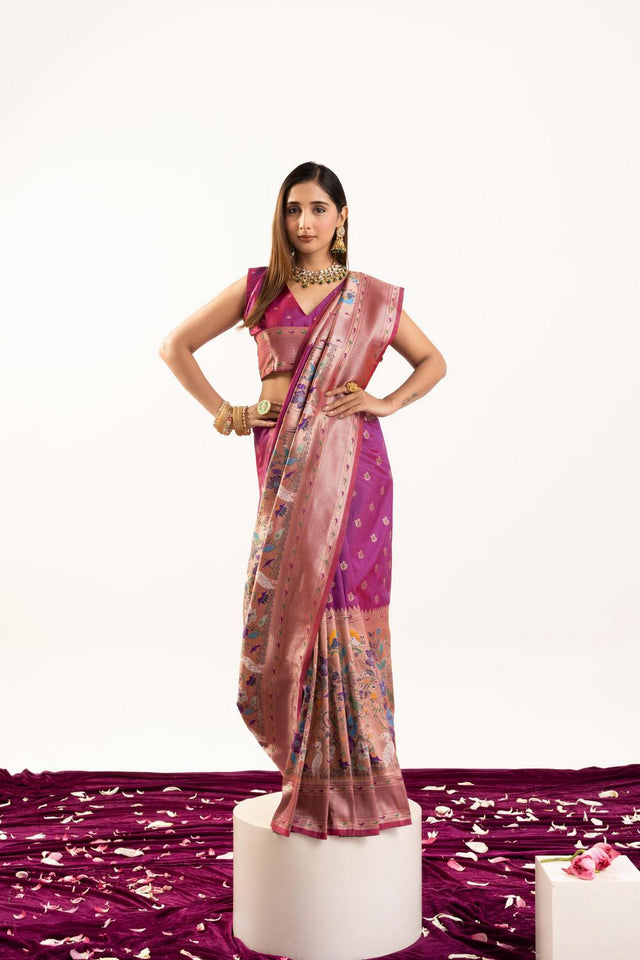 Magenta Floral Woven Banarasi Silk Saree (ACA6837)