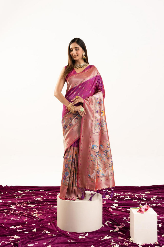 Magenta Floral Woven Banarasi Silk Saree (ACA6837)