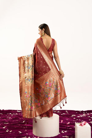 Maroon Floral Woven Banarasi Silk Saree (ACA6838)