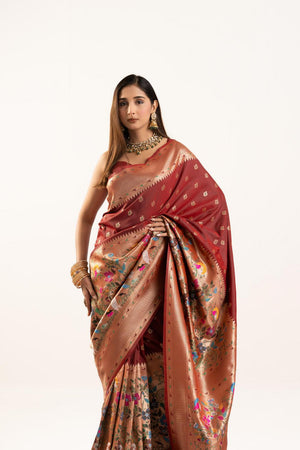 Maroon Floral Woven Banarasi Silk Saree (ACA6838)