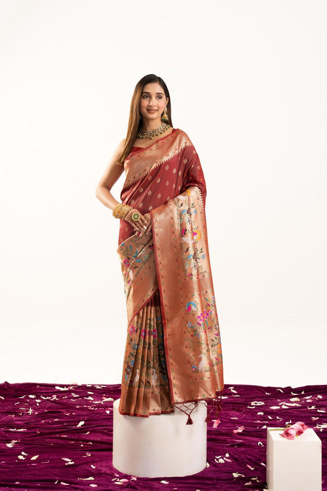 Maroon Floral Woven Banarasi Silk Saree (ACA6838)